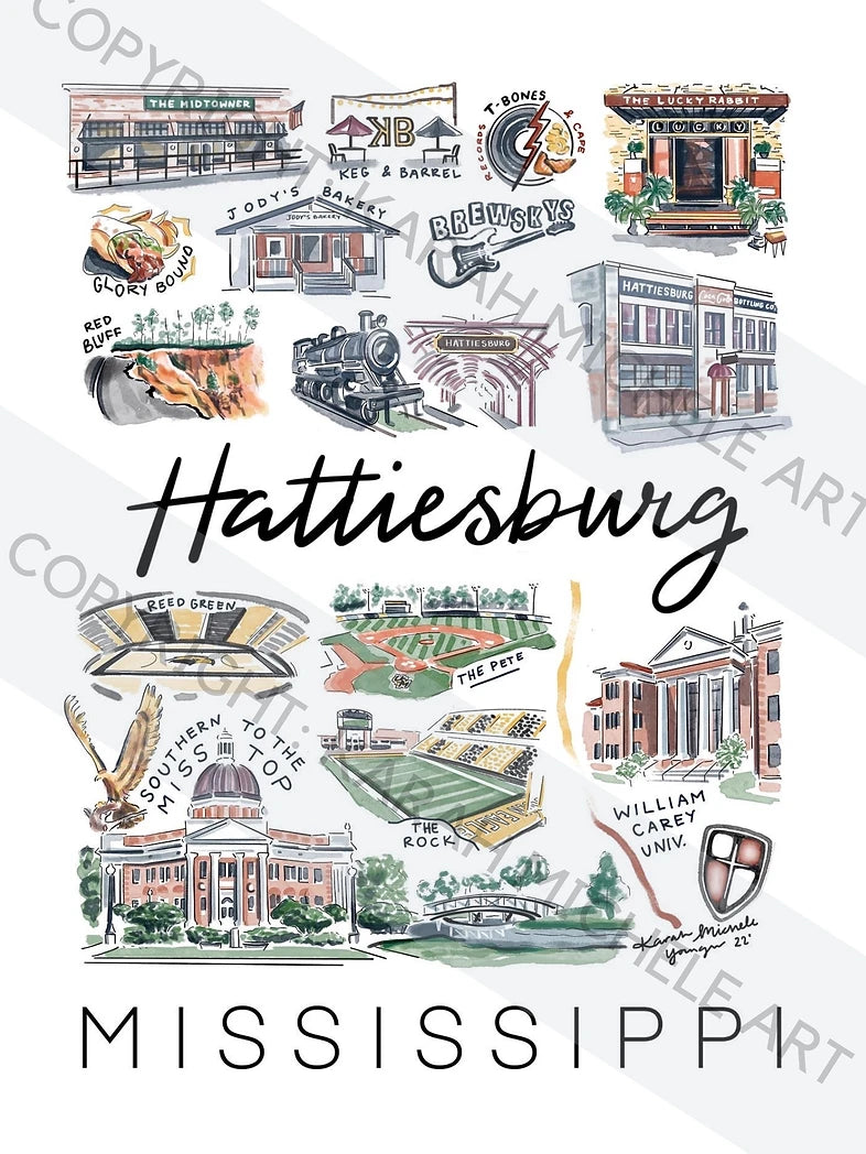 Hattiesburg City Illustration Prints by Karah Michele Art