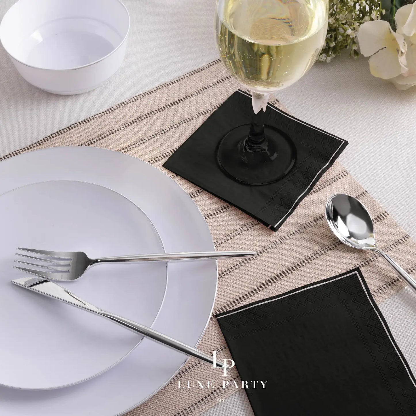 Black with Gold Stripe Paper Cocktail Napkins | 20 Napkins