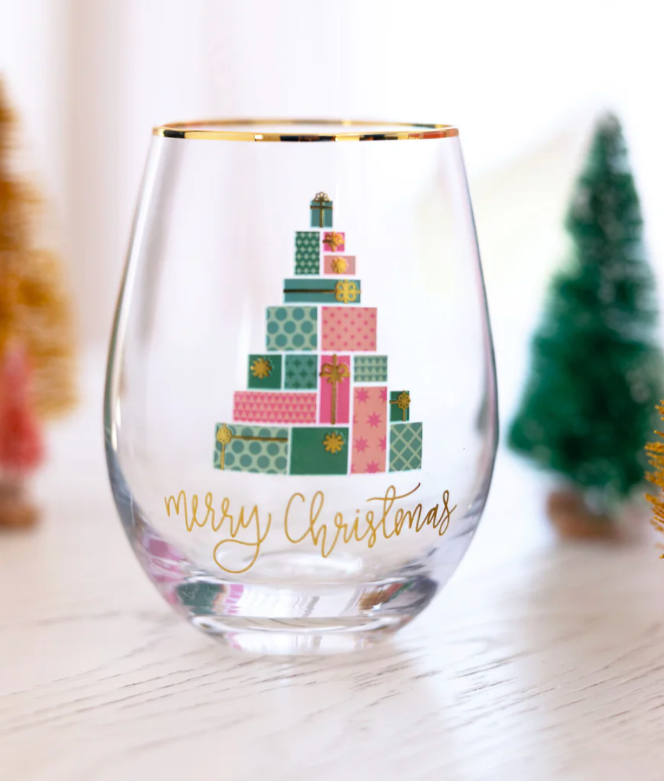 Stemless Christmas Wine Glass