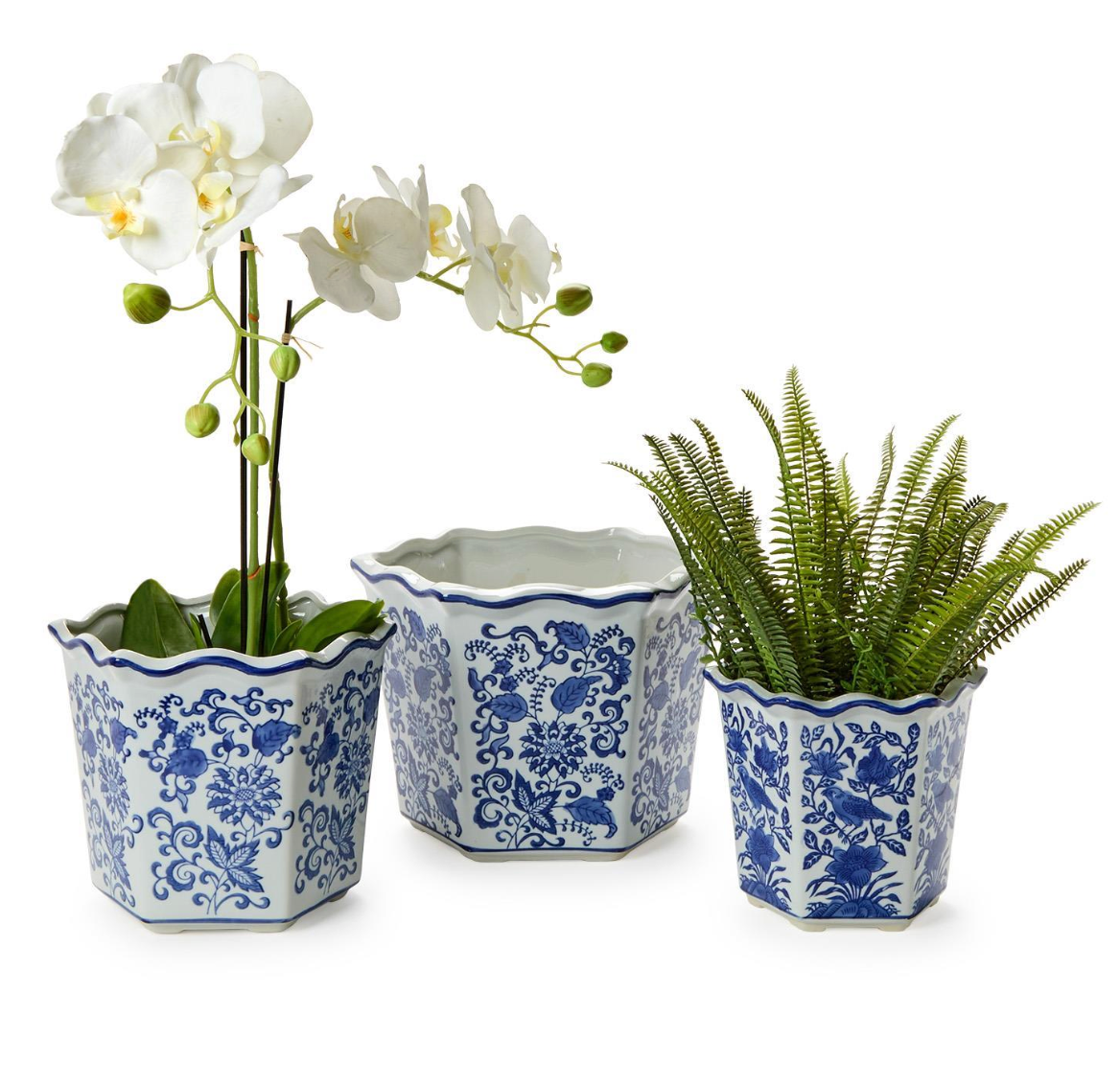 Blue Willow Hand-Painted Chinoiserie Blue and White Floral Hexagon Shape Planters