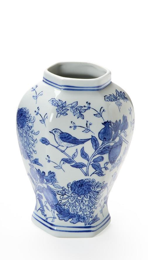 Chrysanthemum Hand-Painted Blue and White Chinoiserie Vases Includes 3 Shapes - Porcelain