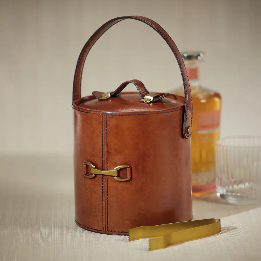 The Connaught Leather Ice Bucket with Gold Alloy Ice Tong