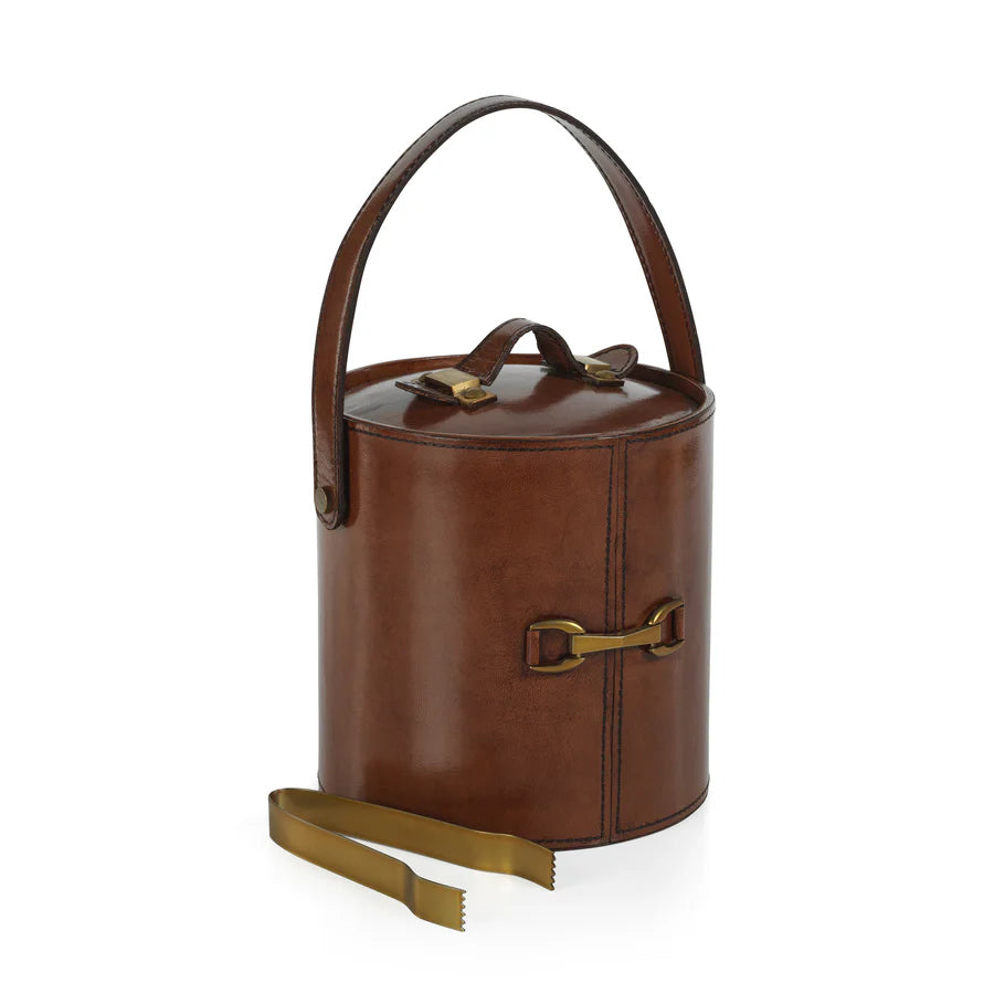 The Connaught Leather Ice Bucket with Gold Alloy Ice Tong