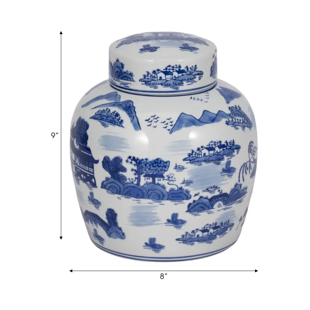 Decorative Jar - Blue Ceramic Round Lidded, 10 in.