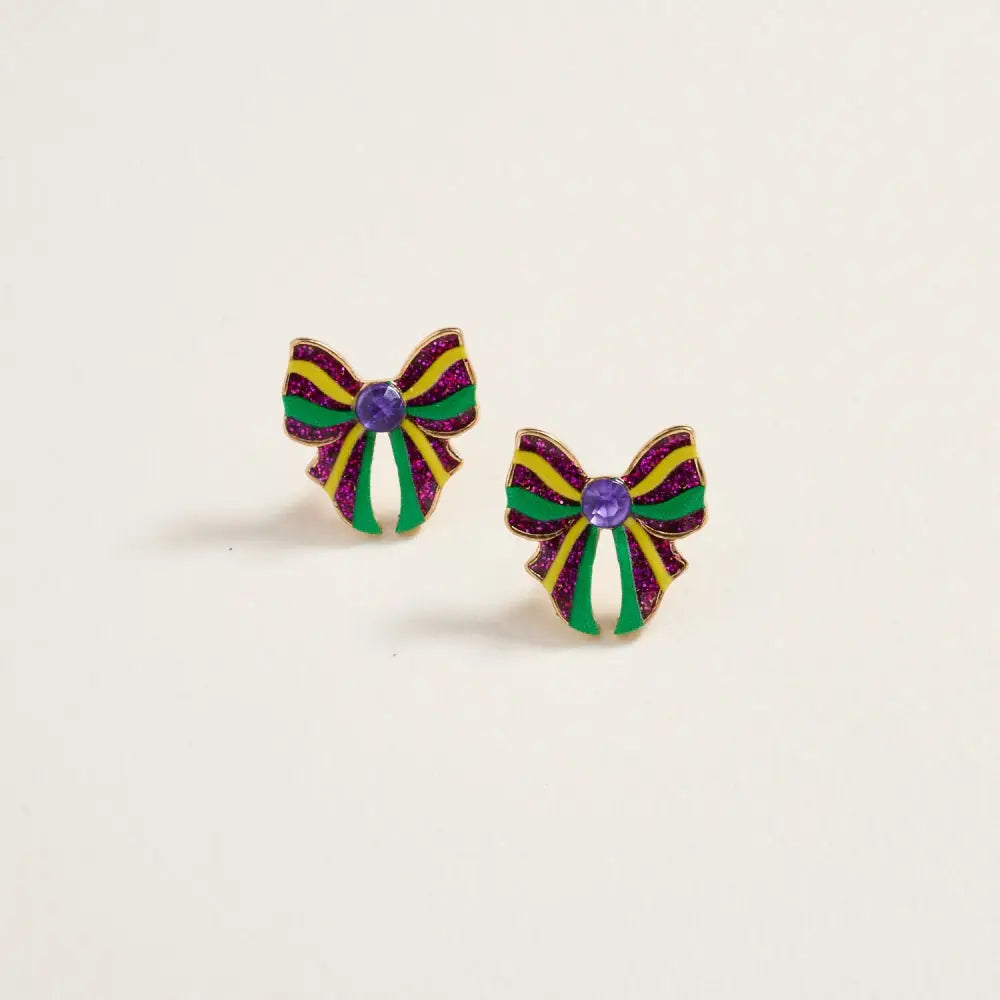 Mardi Gras Ribbon Bow Enamel Print Post Earrings