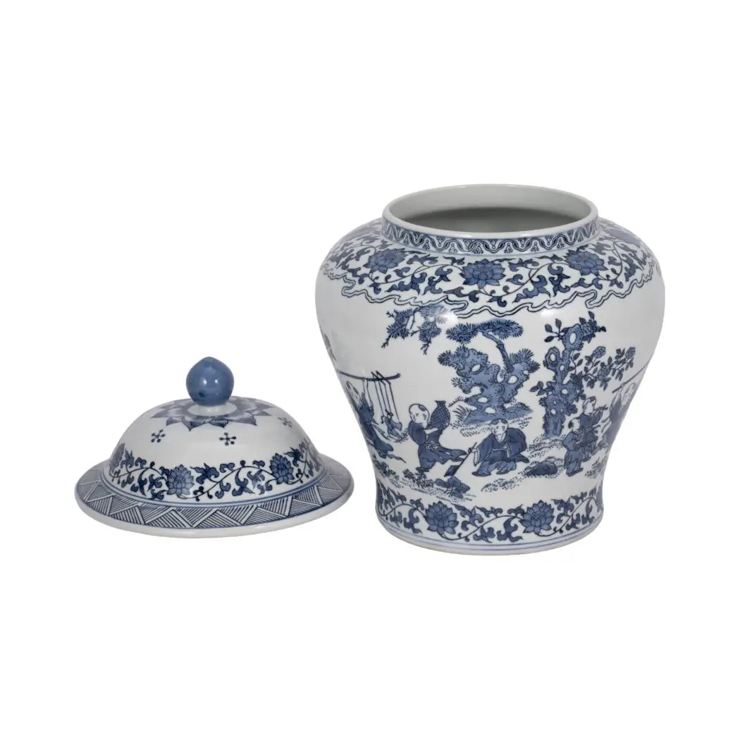 Decorative Jar - Blue Ceramic Blossoms Temple, 15 in.