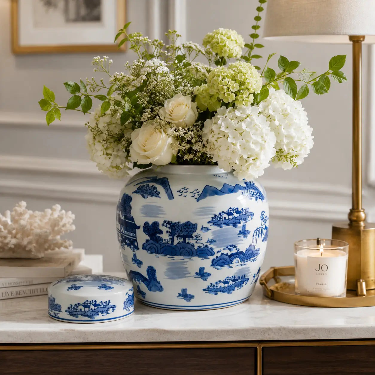 Decorative Jar - Blue Ceramic Round Lidded, 10 in.