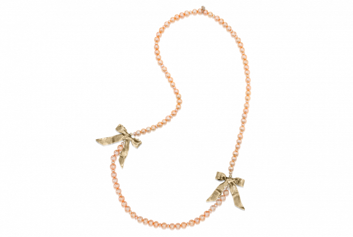 Double Bows on Peach Pearls Necklace