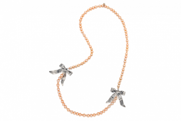 Double Bows on Peach Pearls Necklace
