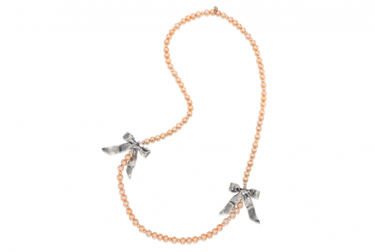 Double Bows on Peach Pearls Necklace