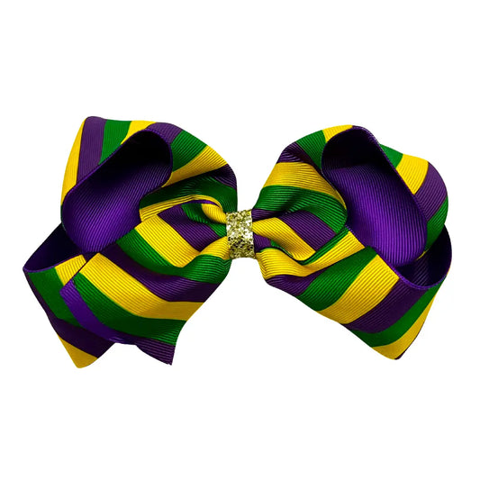 Purple, Green, and Yellow Stripe Mardi Gras Bow with Clip