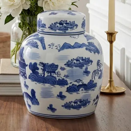 Decorative Jar - Blue Ceramic Round Lidded, 10 in.