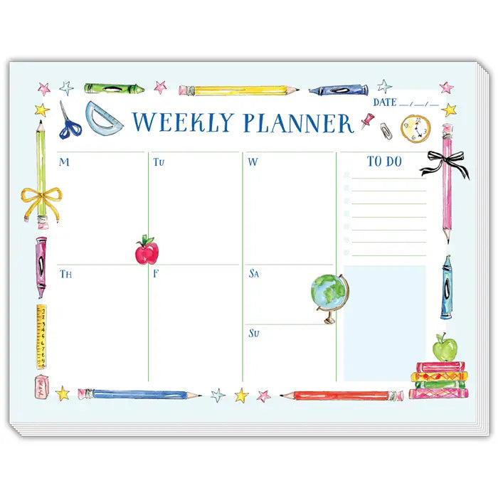 Handpainted Weekly Planner Teacher Icons Blue Desk Planner