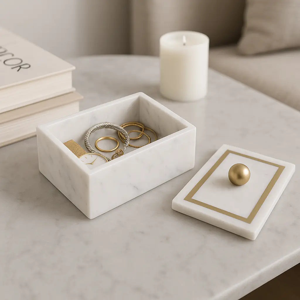 Marble Rectangular Box with Removable Lid - White, 7 in.