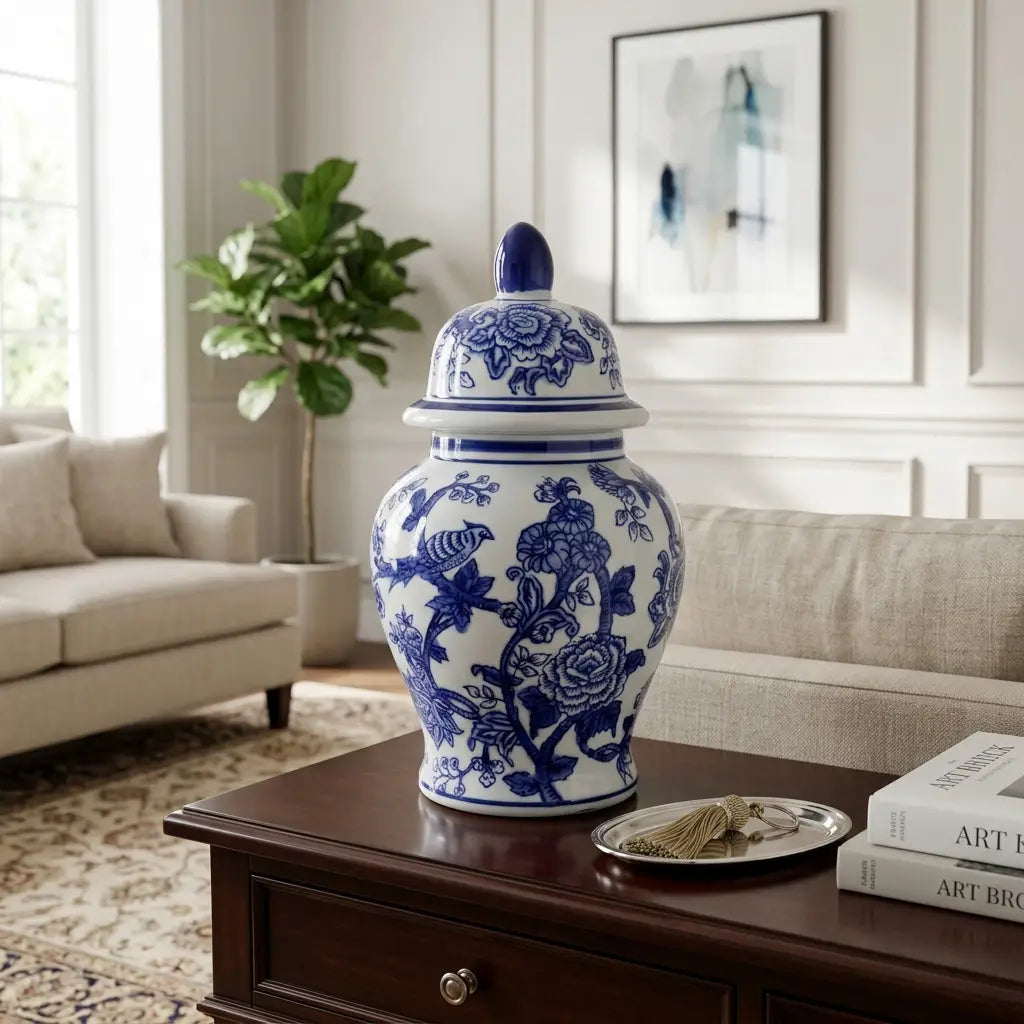 Decorative Jar - Blue Ceramic Chinoiserie Bird/Flower, 11 in