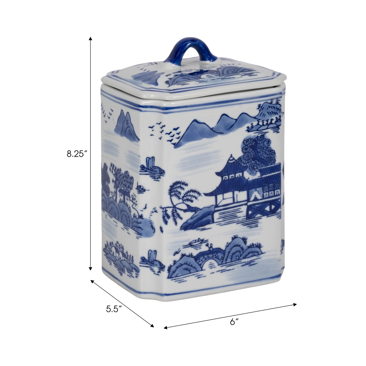 Decorative Jar - Blue Ceramic Rectangular Lidded, 9 in.