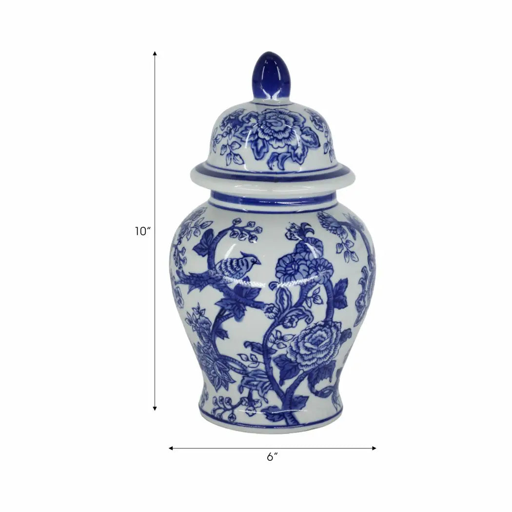 Decorative Jar - Blue Ceramic Chinoiserie Bird/Flower, 11 in