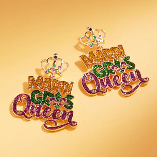 Mardi Gras Queen Letter Titanium Post Earrings