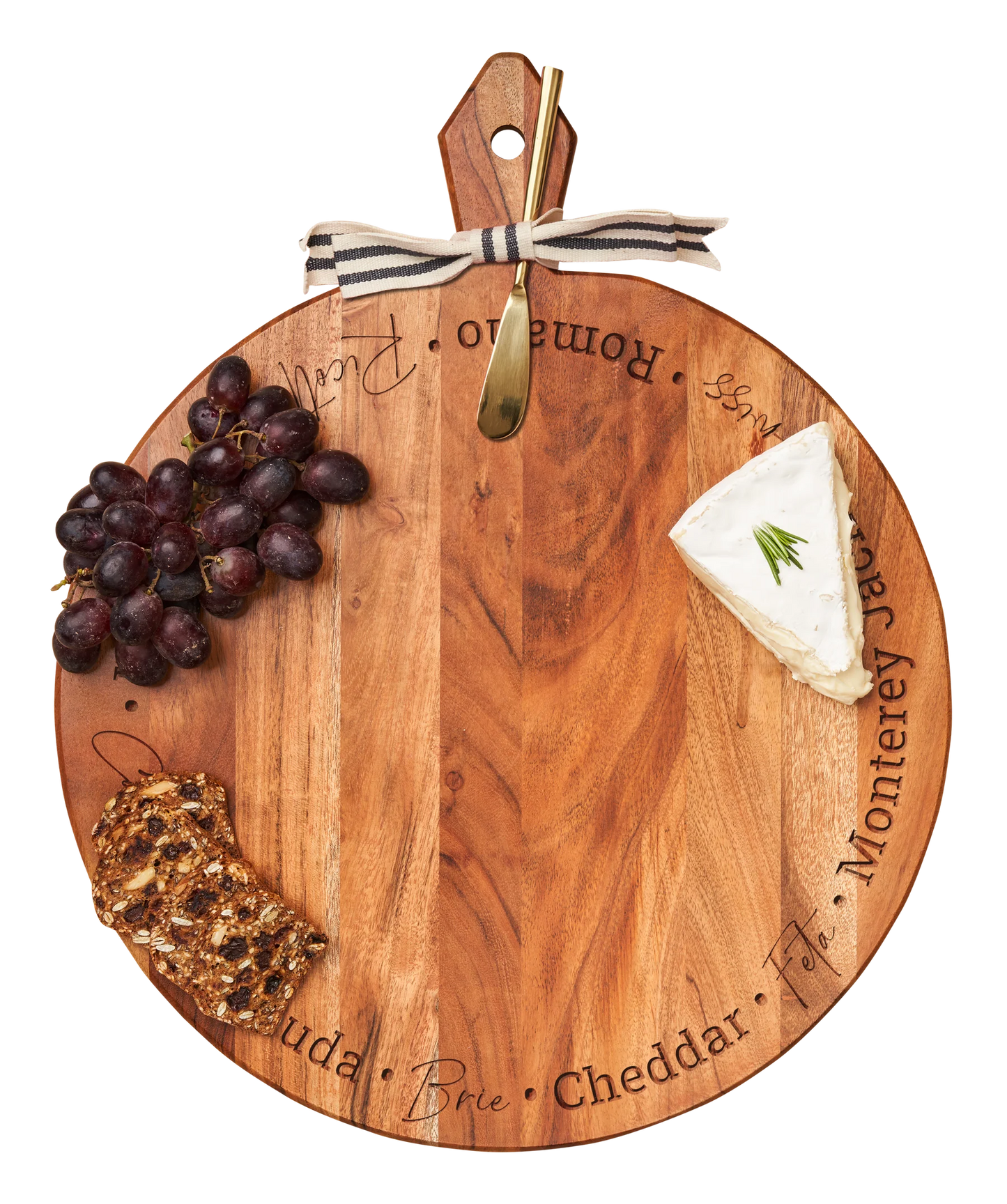 Acacia Heirloom Board with Handle Round & Gold Spreader Tied with Gray & White Ribbon 20x16"