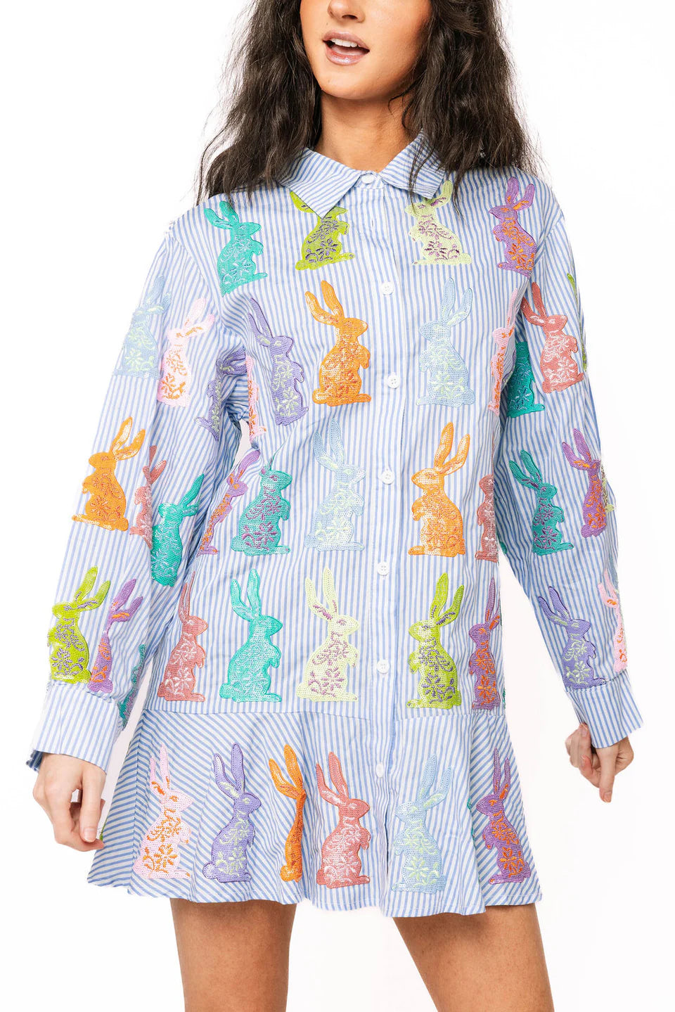 Blue & White Striped Multi Easter Bunny Button Up Cotton Dress