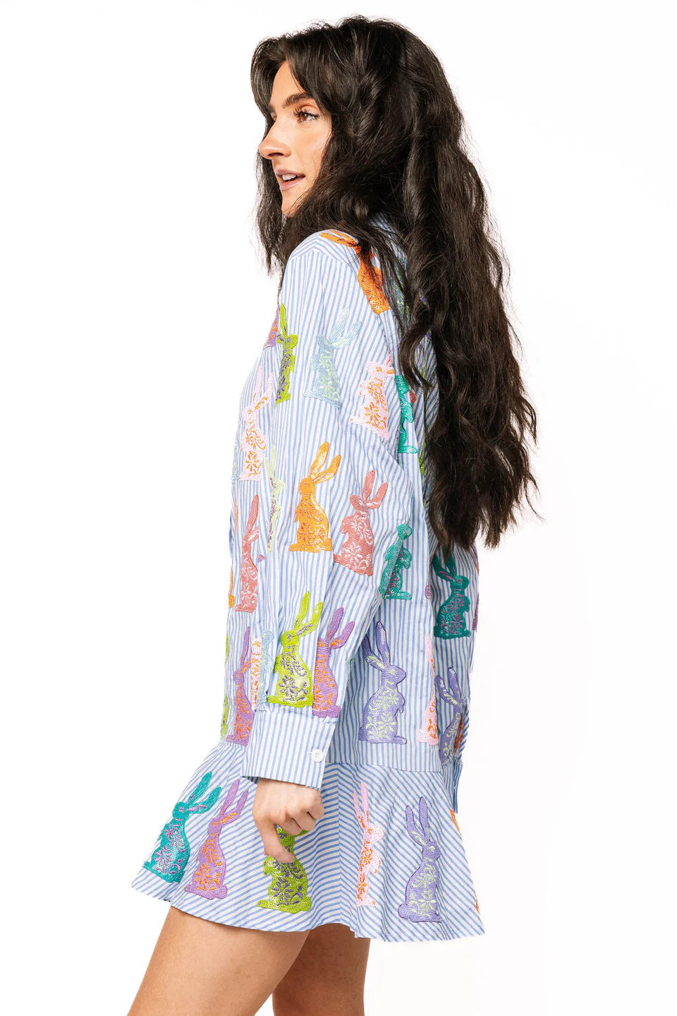 Blue & White Striped Multi Easter Bunny Button Up Cotton Dress