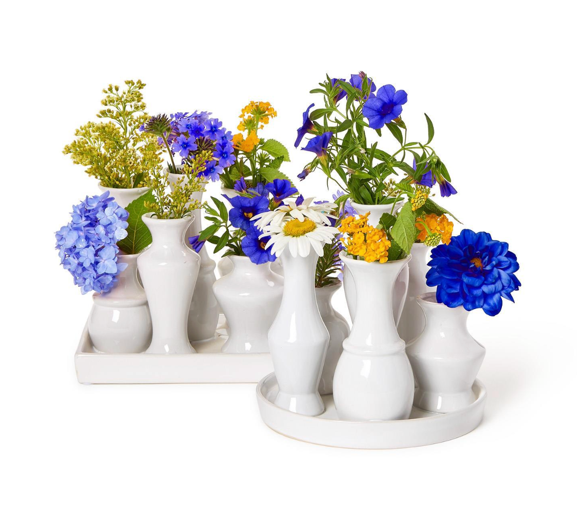 Sextet White Glaze Multi Vase with 6 Sections on Platform