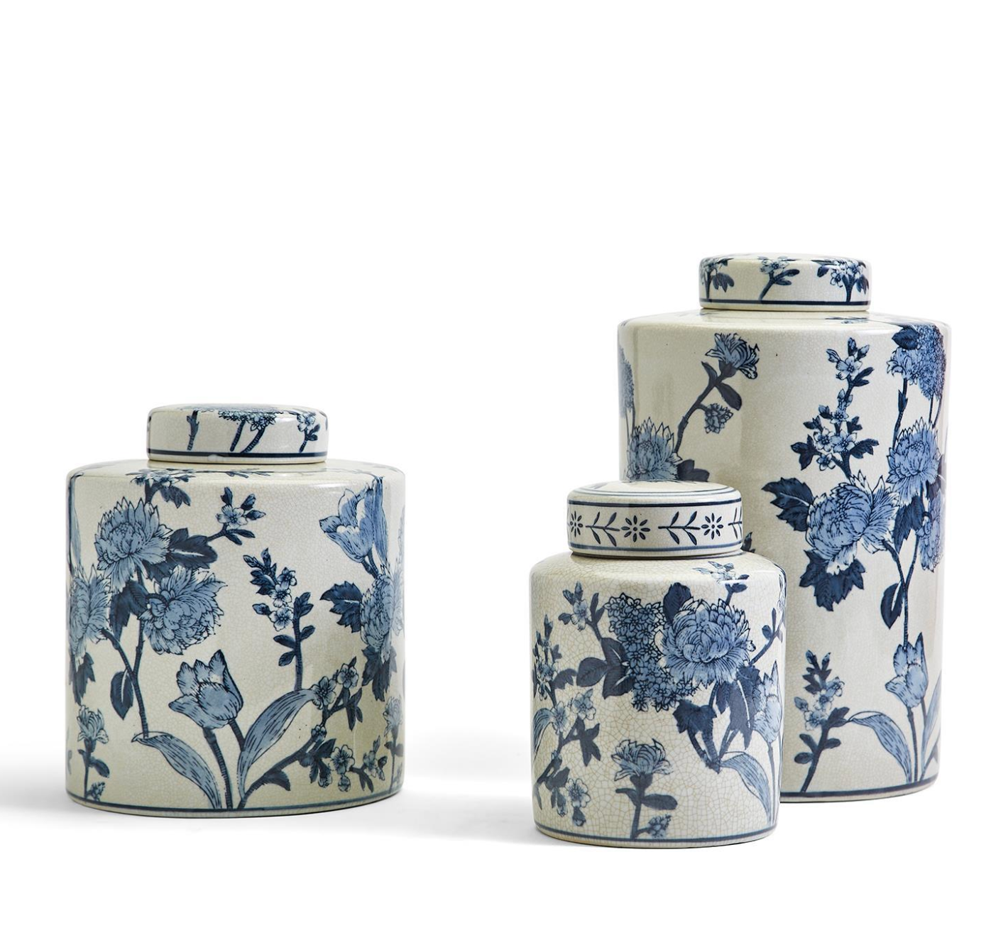 Japanese Blossom Blue and White Decorative Tea Jars with Crackle Finish