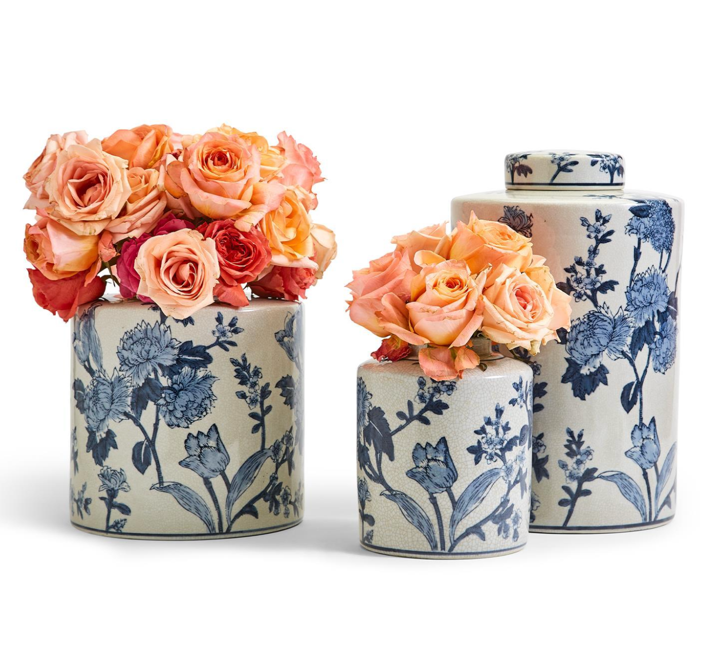 Japanese Blossom Blue and White Decorative Tea Jars with Crackle Finish