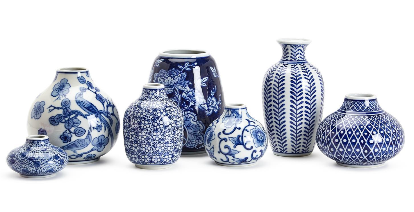 Blue and White Assorted Hand-Painted Vases - Stoneware
