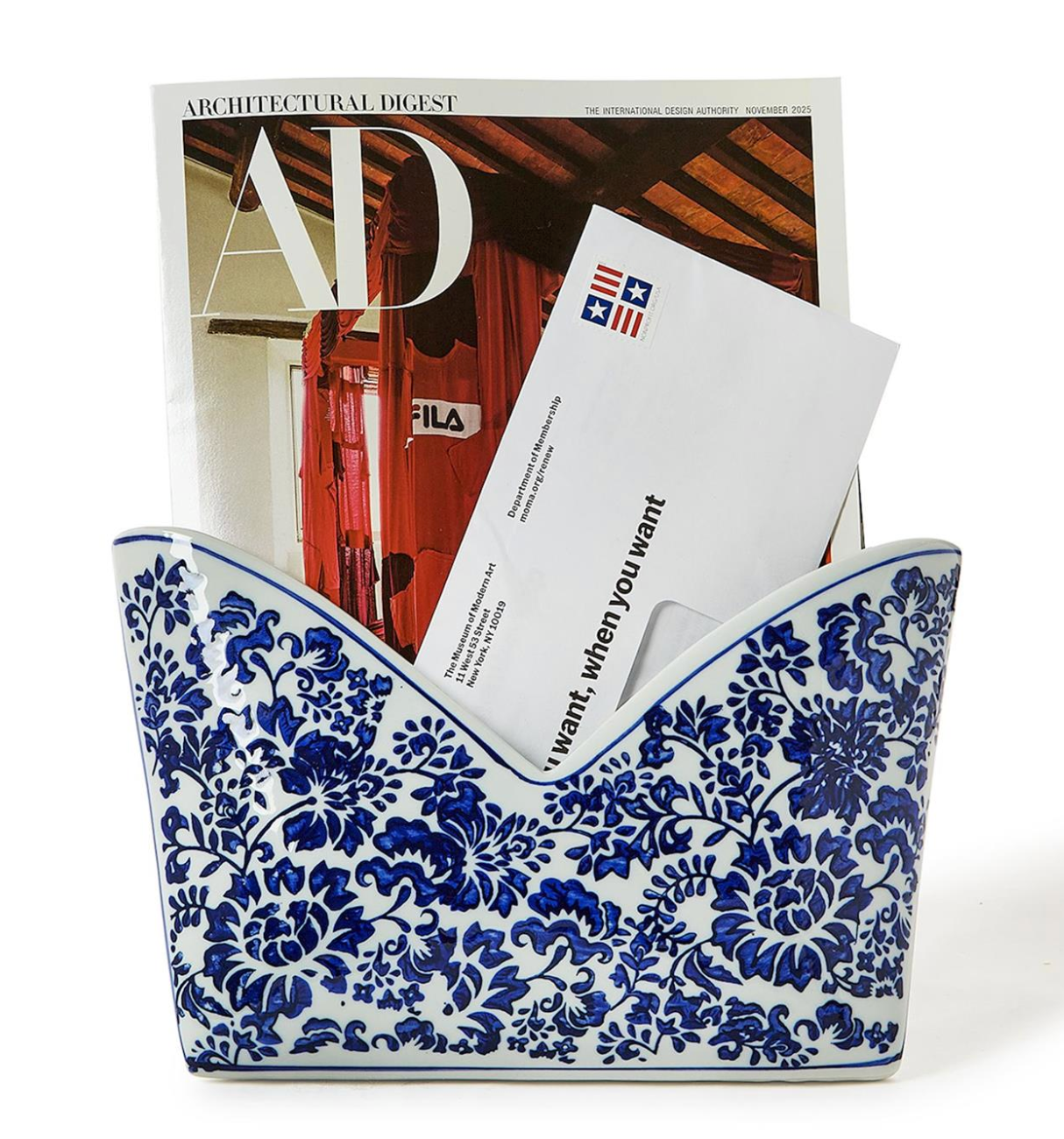 Chinoiserie Hand-Painted Blue and White Floral Letter Holder - Porcelain