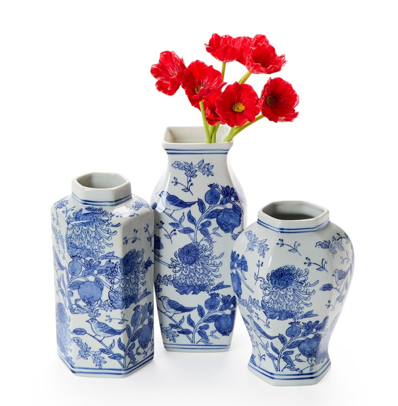 Chrysanthemum Hand-Painted Blue and White Chinoiserie Vases Includes 3 Shapes - Porcelain