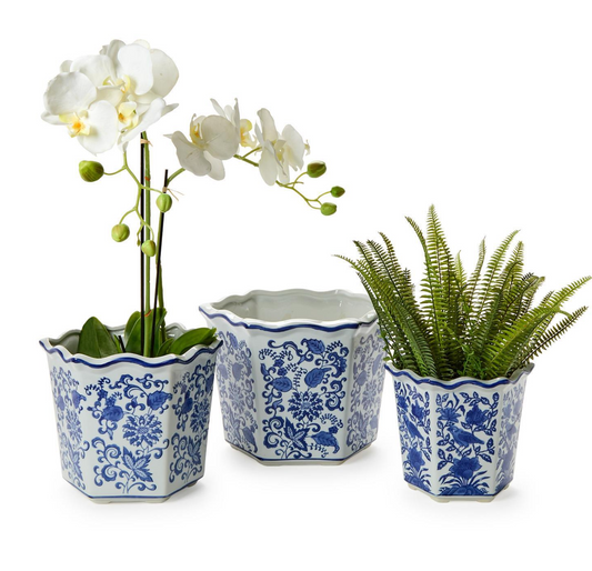 Blue Willow Set of 3 Hand-Painted Chinoiserie Blue and White Floral Hexagon Shape Planters (nested) - Hand-Painted Porcelain