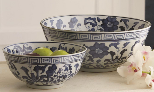 Blue and White Lotus Flower Lianzu Decorative Bowls - Hand-Painted Porcelain