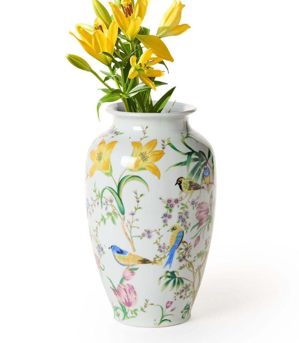 10" Bird & Blossom Chinoiserie Vase - Ceramic