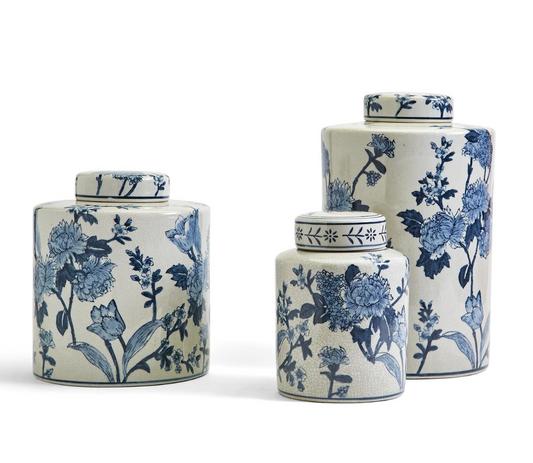 Japanese Blossom Blue and White Decorative Tea Jars with Crackle Finish