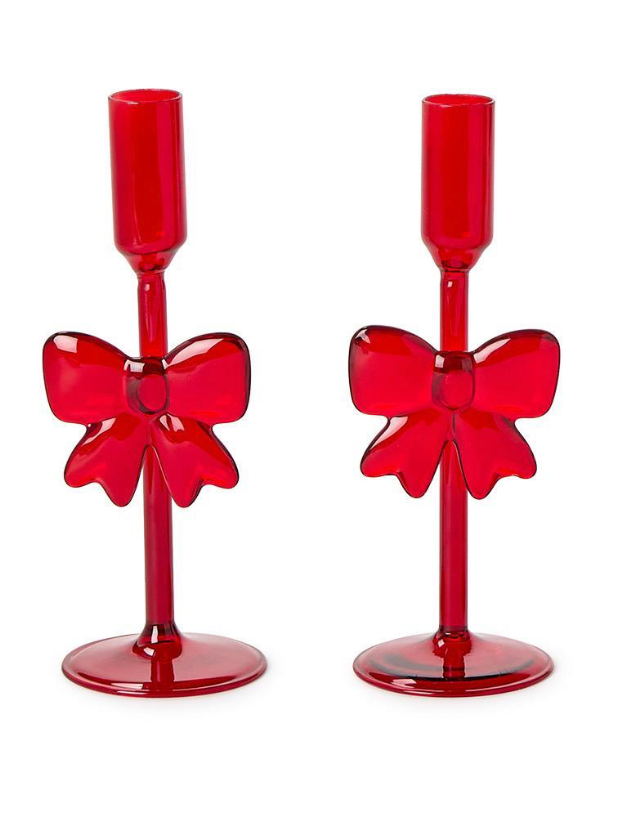 Holiday Bows Set of 2 Hand-Crafted Taper Candleholders