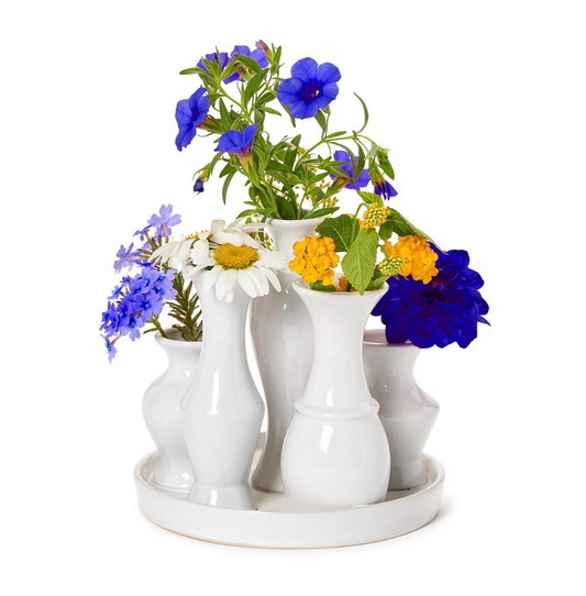 Sextet White Glaze Multi Vase with 6 Sections on Platform