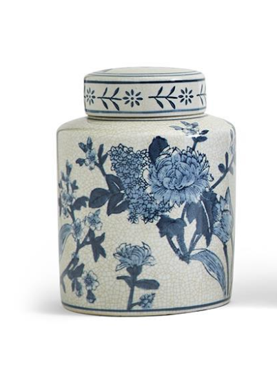 Japanese Blossom Blue and White Decorative Tea Jars with Crackle Finish