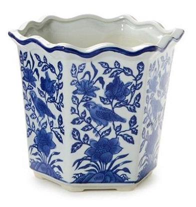 Blue Willow Set of 3 Hand-Painted Chinoiserie Blue and White Floral Hexagon Shape Planters (nested) - Hand-Painted Porcelain