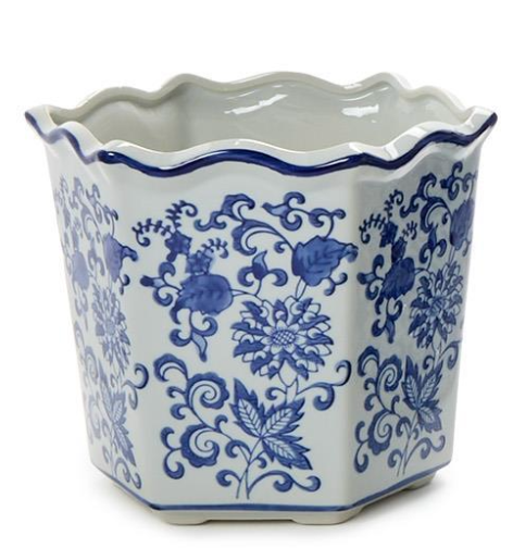 Blue Willow Set of 3 Hand-Painted Chinoiserie Blue and White Floral Hexagon Shape Planters (nested) - Hand-Painted Porcelain