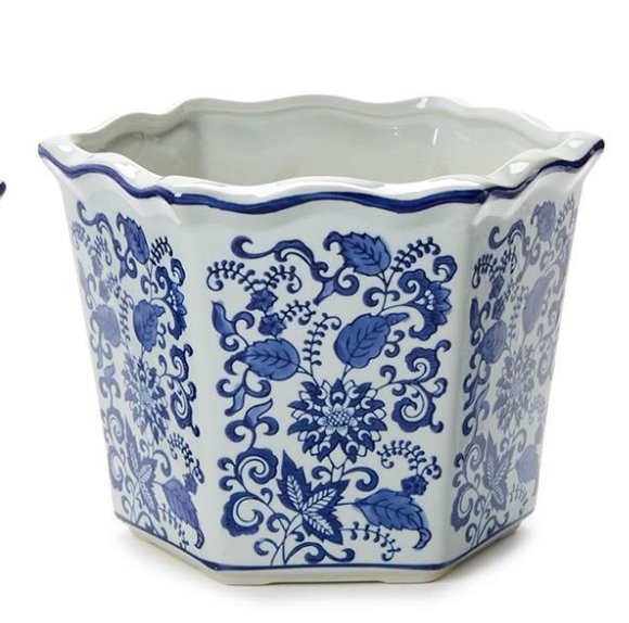 Blue Willow Set of 3 Hand-Painted Chinoiserie Blue and White Floral Hexagon Shape Planters (nested) - Hand-Painted Porcelain