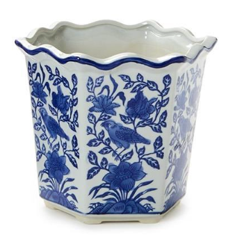 Blue Willow Hand-Painted Chinoiserie Blue and White Floral Hexagon Shape Planters