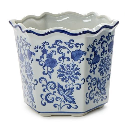 Blue Willow Hand-Painted Chinoiserie Blue and White Floral Hexagon Shape Planters