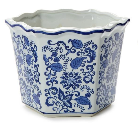 Blue Willow Hand-Painted Chinoiserie Blue and White Floral Hexagon Shape Planters