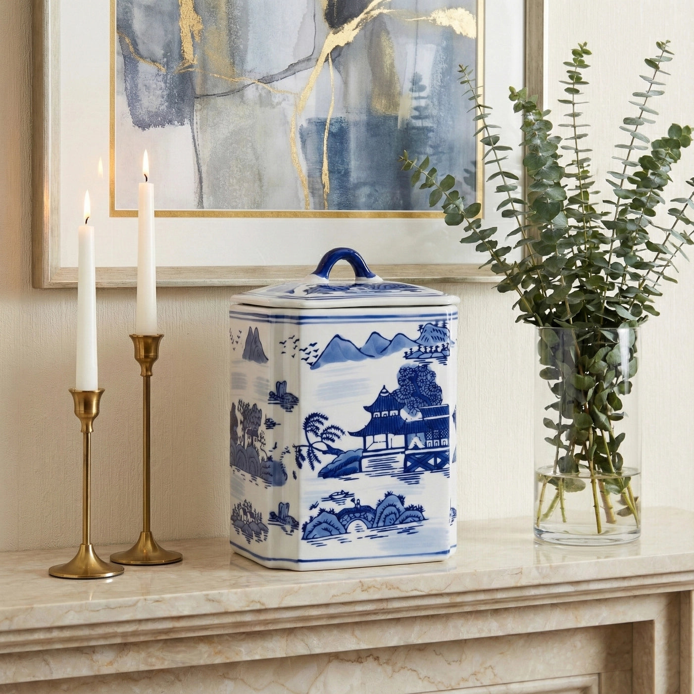 Decorative Jar - Blue Ceramic Rectangular Lidded, 9 in.