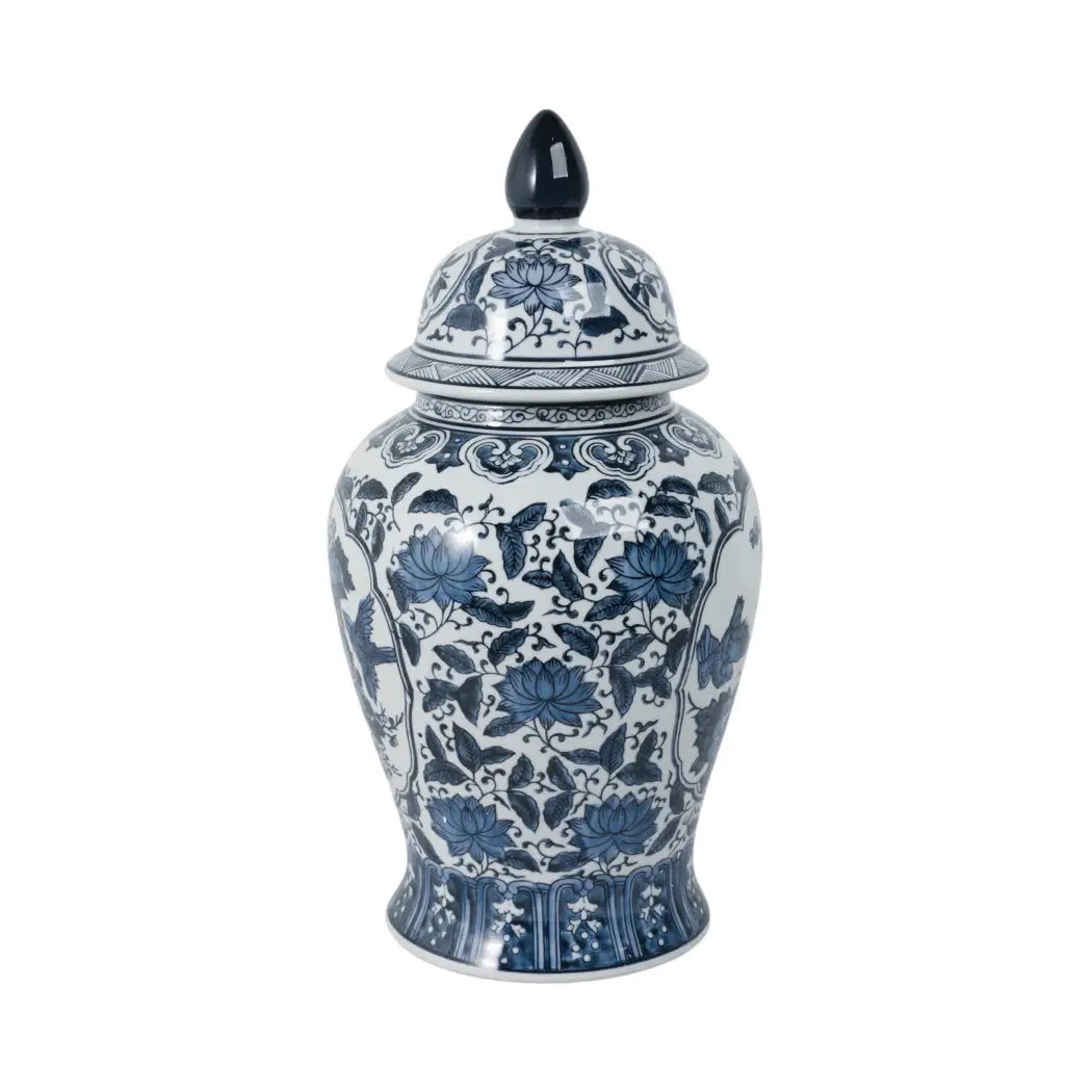 Decorative Jar - Blue Ceramic Flowers Temple Style, 19 in.
