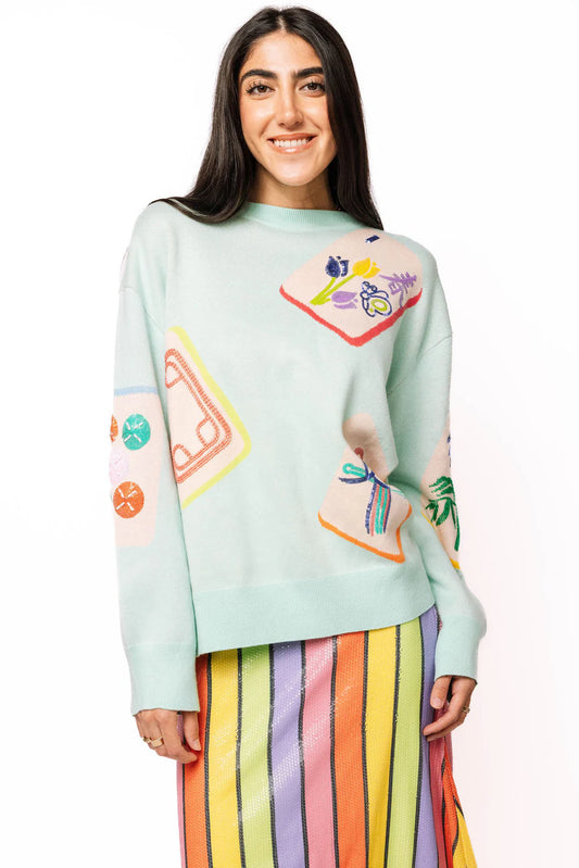Light Blue Mahjong Tile Knit Sweater QOS