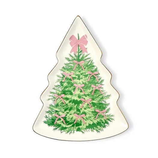 Bow-tiful Trees Christmas Tree Shape Plate with Gold Metallic Rim