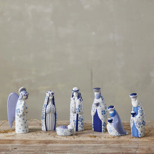 Ceramic Nativity with Floral Pattern, Blue & White